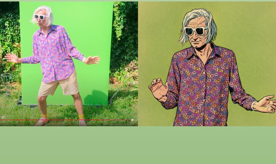 Monsieur Orange devant un écran vert, et le dessin de la même pose