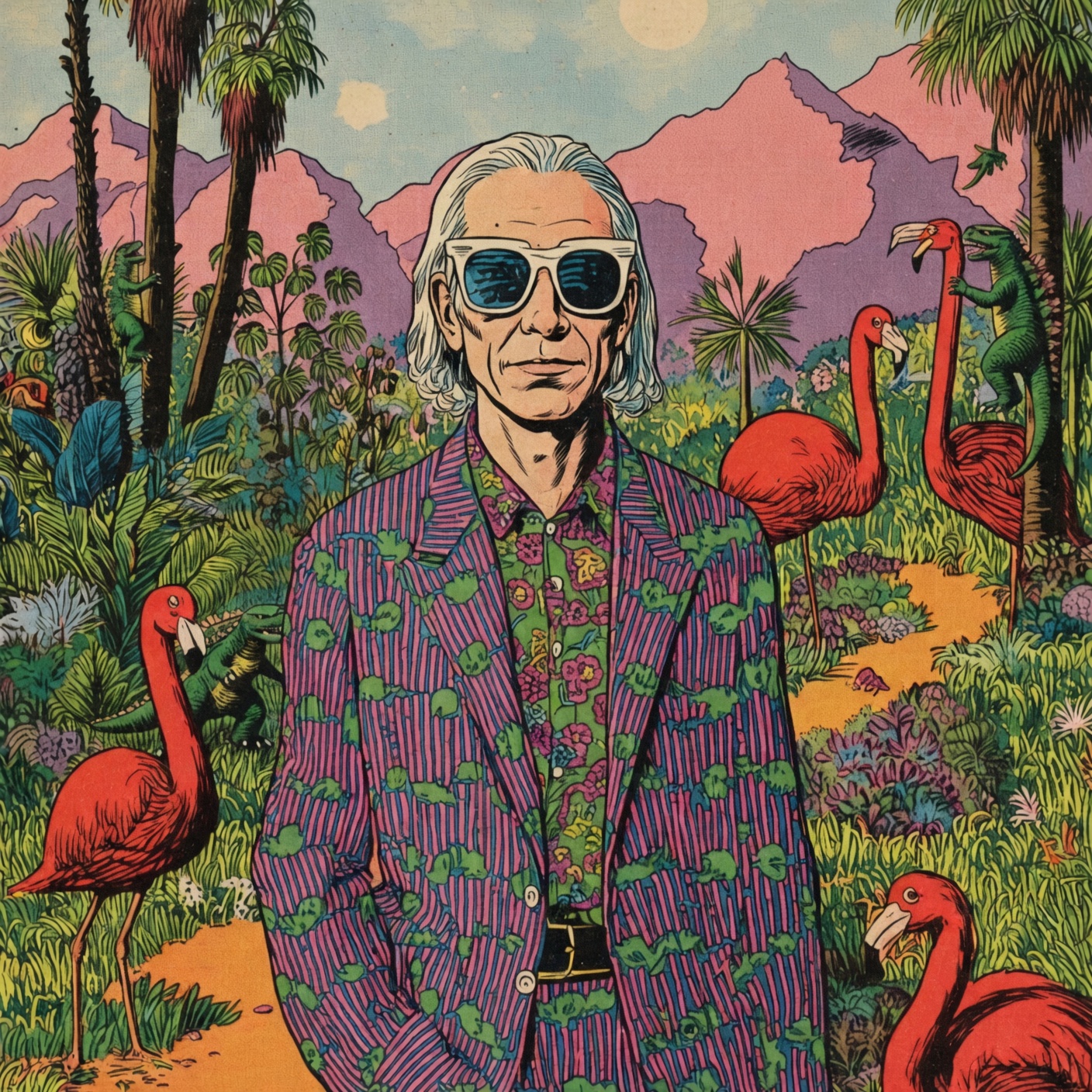 Illustration de monsieur orange, costume rayé, lunettes blanches, flamants et dinosaures